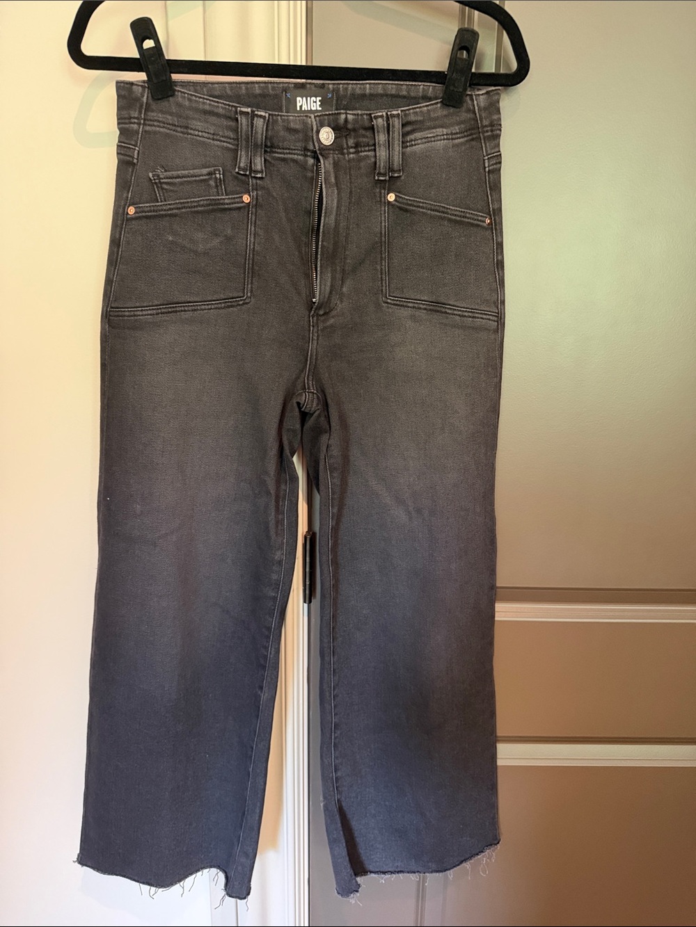 PAIGE Washed Black High-Rise Wide Crop Jeans